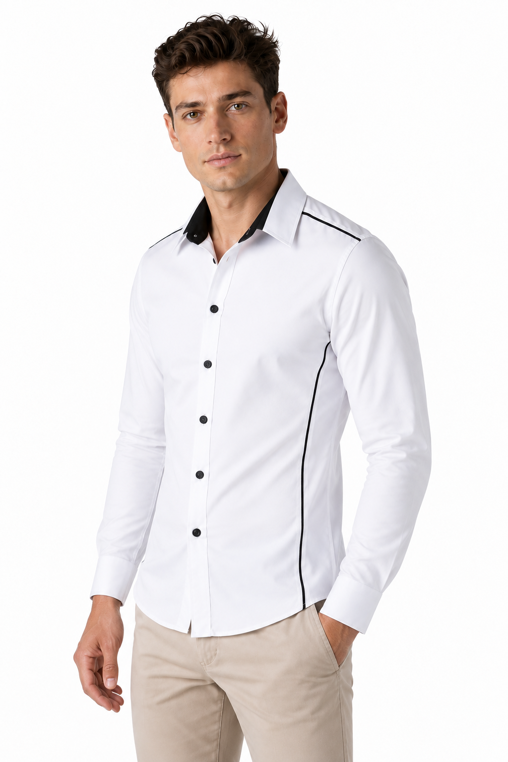 Ventorino Men's Shirt Slim Fit Contrast Collar | Ventorino in White — model three-quarter view