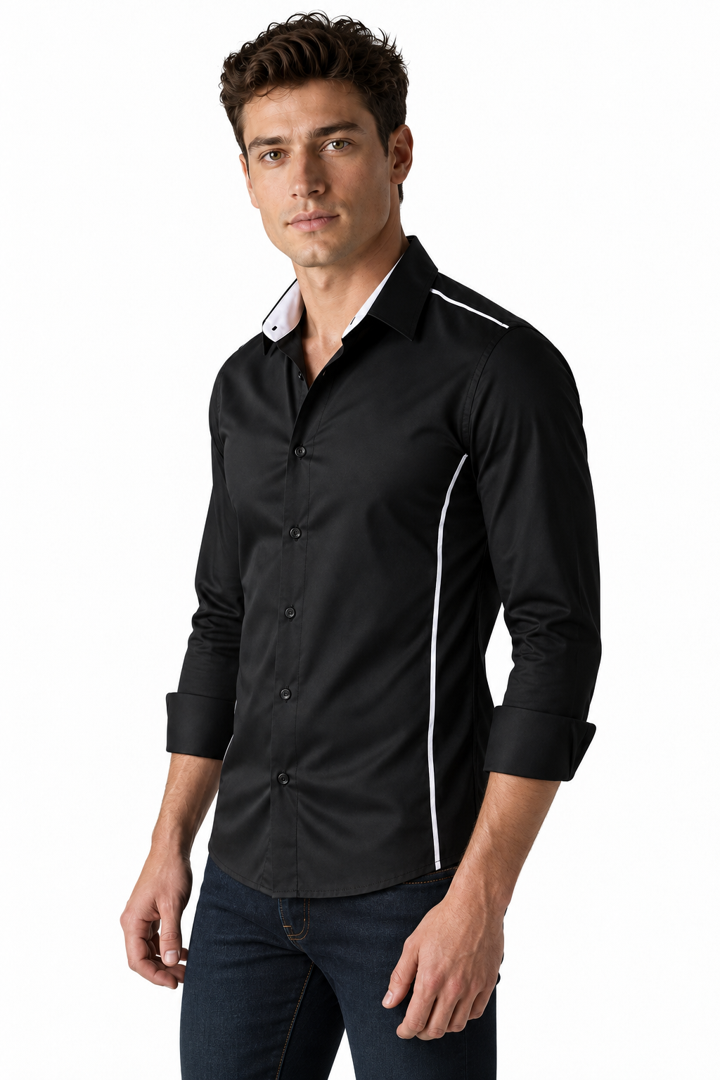 Ventorino Men's Shirt Slim Fit Contrast Collar | Ventorino in Black — model three-quarter view