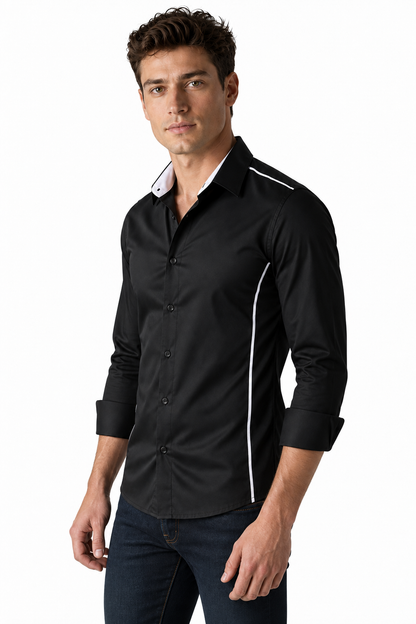 Ventorino Men's Shirt Slim Fit Contrast Collar | Ventorino in Black — model three-quarter view