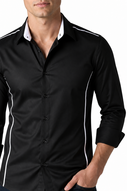 Ventorino Men's Shirt Slim Fit Contrast Collar | Ventorino in Black — garment and fabric detail