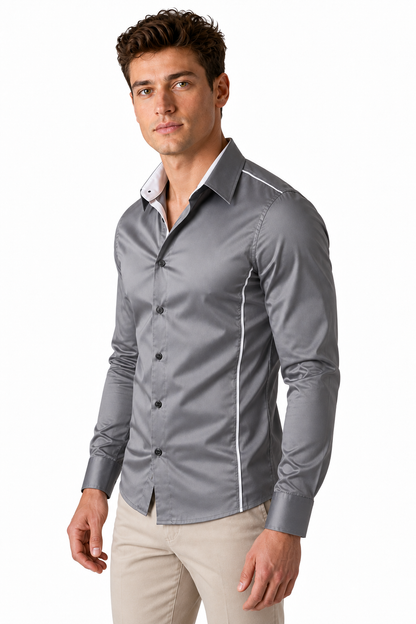 Ventorino Men's Shirt Slim Fit Contrast Collar | Ventorino in Gray — model three-quarter view