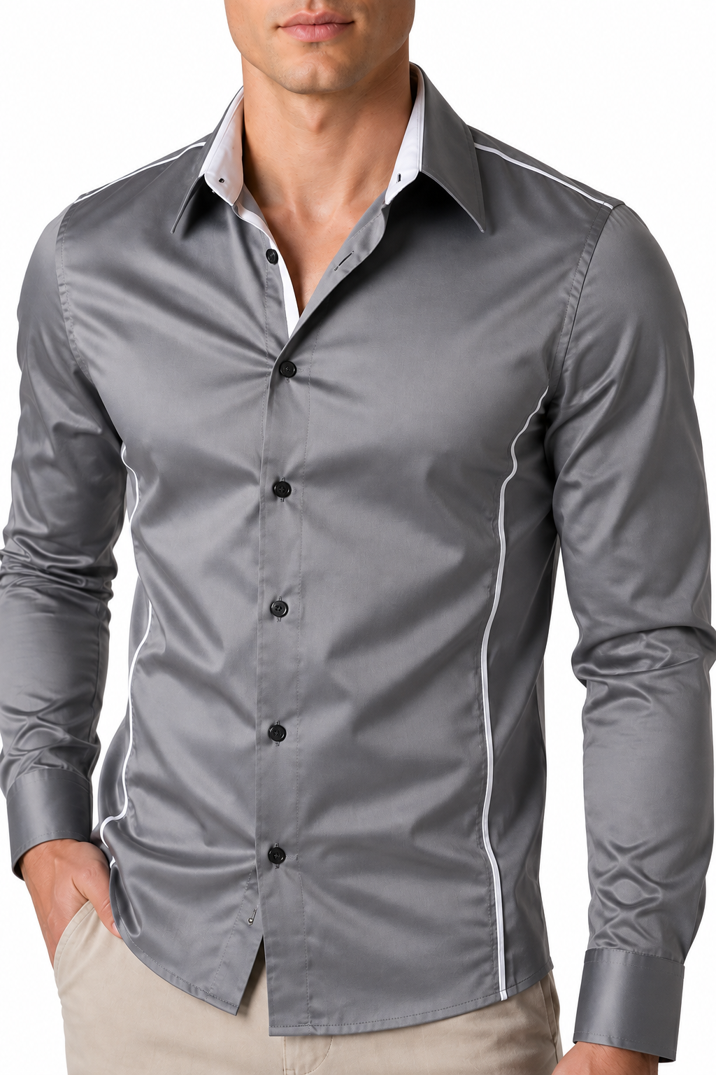 Ventorino Men's Shirt Slim Fit Contrast Collar | Ventorino in Gray — garment and fabric detail