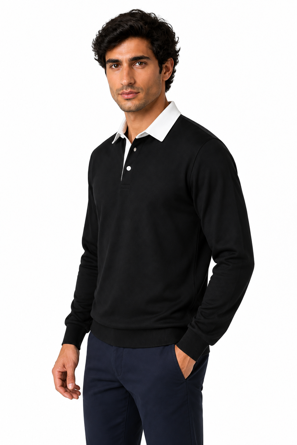 Ventorino Men's Polo Shirt Long Sleeves Versatile Fit | Ventorino in Black — model three-quarter view