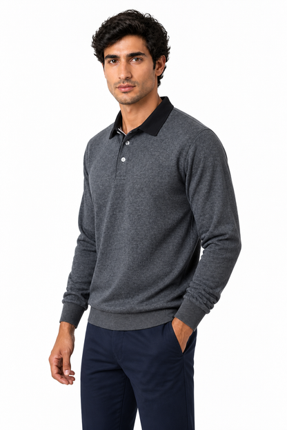 Ventorino Men's Polo Shirt Long Sleeves Versatile Fit | Ventorino in Dark Gray — model three-quarter view