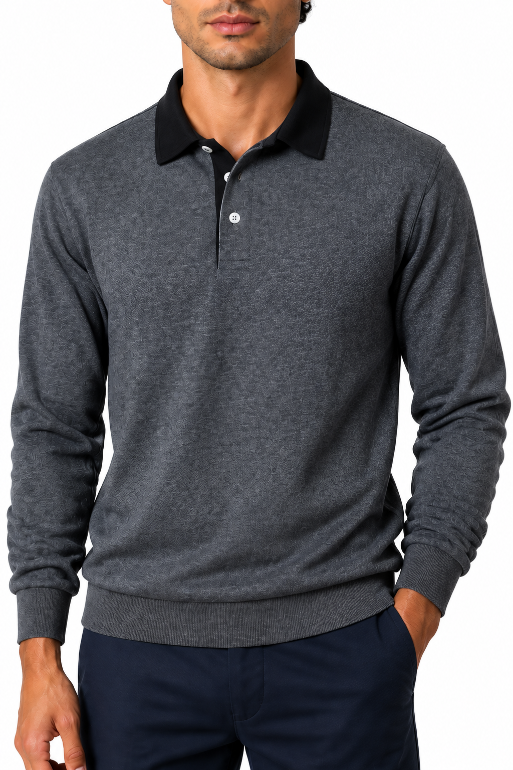 Ventorino Men's Polo Shirt Long Sleeves Versatile Fit | Ventorino in Dark Gray — garment and fabric detail