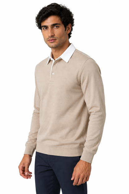 Ventorino Men's Polo Shirt Long Sleeves Versatile Fit | Ventorino in Khaki — model three-quarter view
