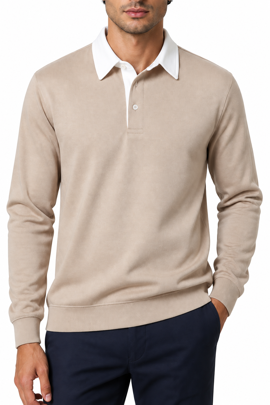 Ventorino Men's Polo Shirt Long Sleeves Versatile Fit | Ventorino in Khaki — garment and fabric detail