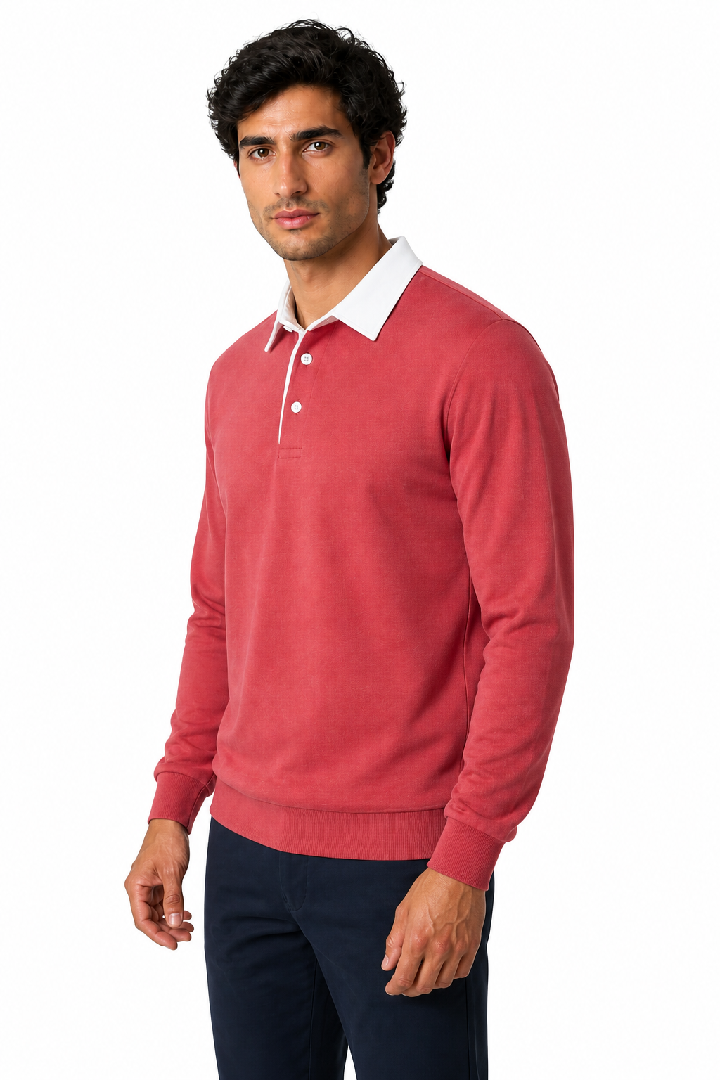 Ventorino Men's Polo Shirt Long Sleeves Versatile Fit | Ventorino in Skin Red — model three-quarter view