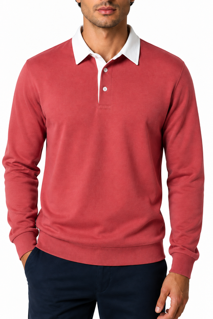 Ventorino Men's Polo Shirt Long Sleeves Versatile Fit | Ventorino in Skin Red — garment and fabric detail
