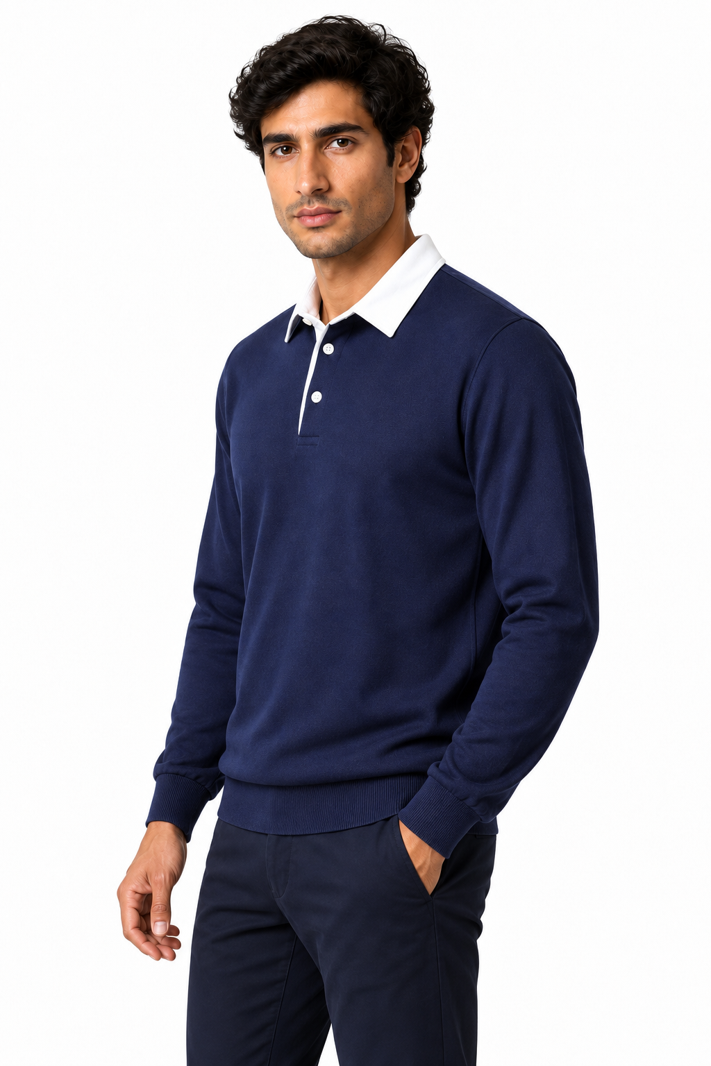 Ventorino Men's Polo Shirt Long Sleeves Versatile Fit | Ventorino in Navy Blue — model three-quarter view