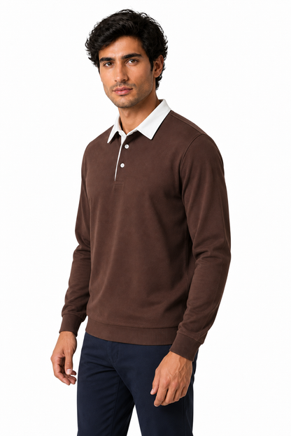 Ventorino Men's Polo Shirt Long Sleeves Versatile Fit | Ventorino in Brown — model three-quarter view