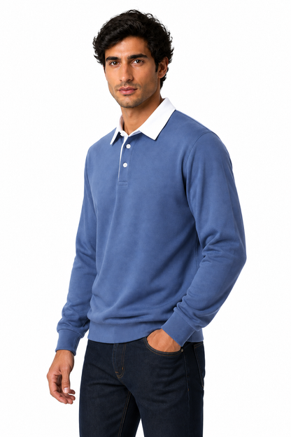 Ventorino Men's Polo Shirt Long Sleeves Versatile Fit | Ventorino in Denim Blue — model three-quarter view