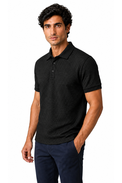 Ventorino ice-silk textured polo in black — model view