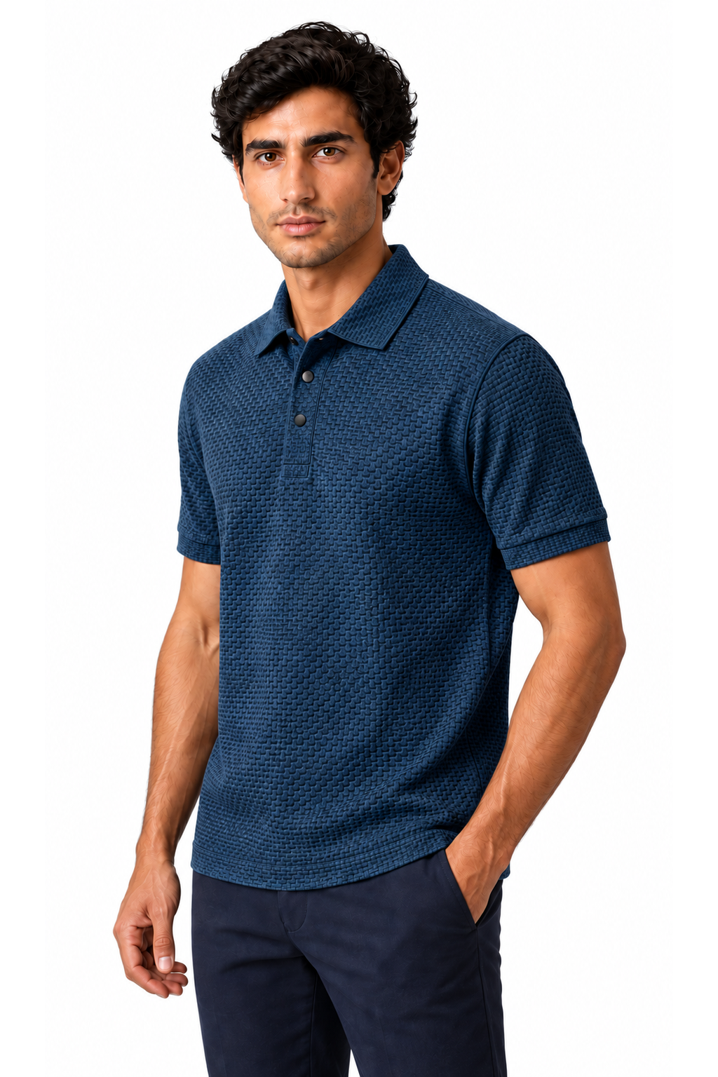 Ventorino ice-silk textured polo in blue — model view