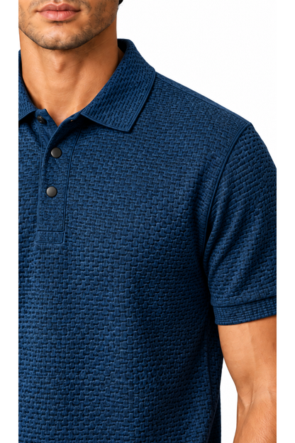 Ventorino ice-silk textured polo in blue — fabric detail