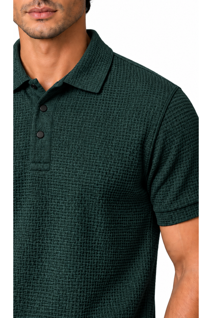 Ventorino ice-silk textured polo in dark green — fabric detail