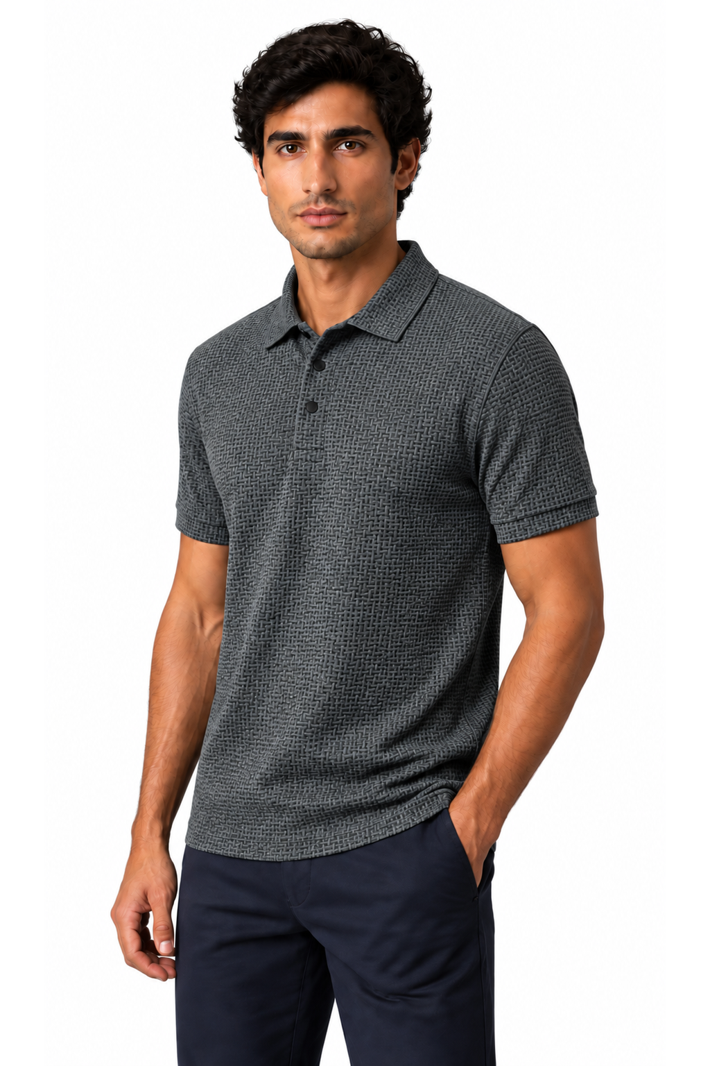 Ventorino ice-silk textured polo in gray — model view