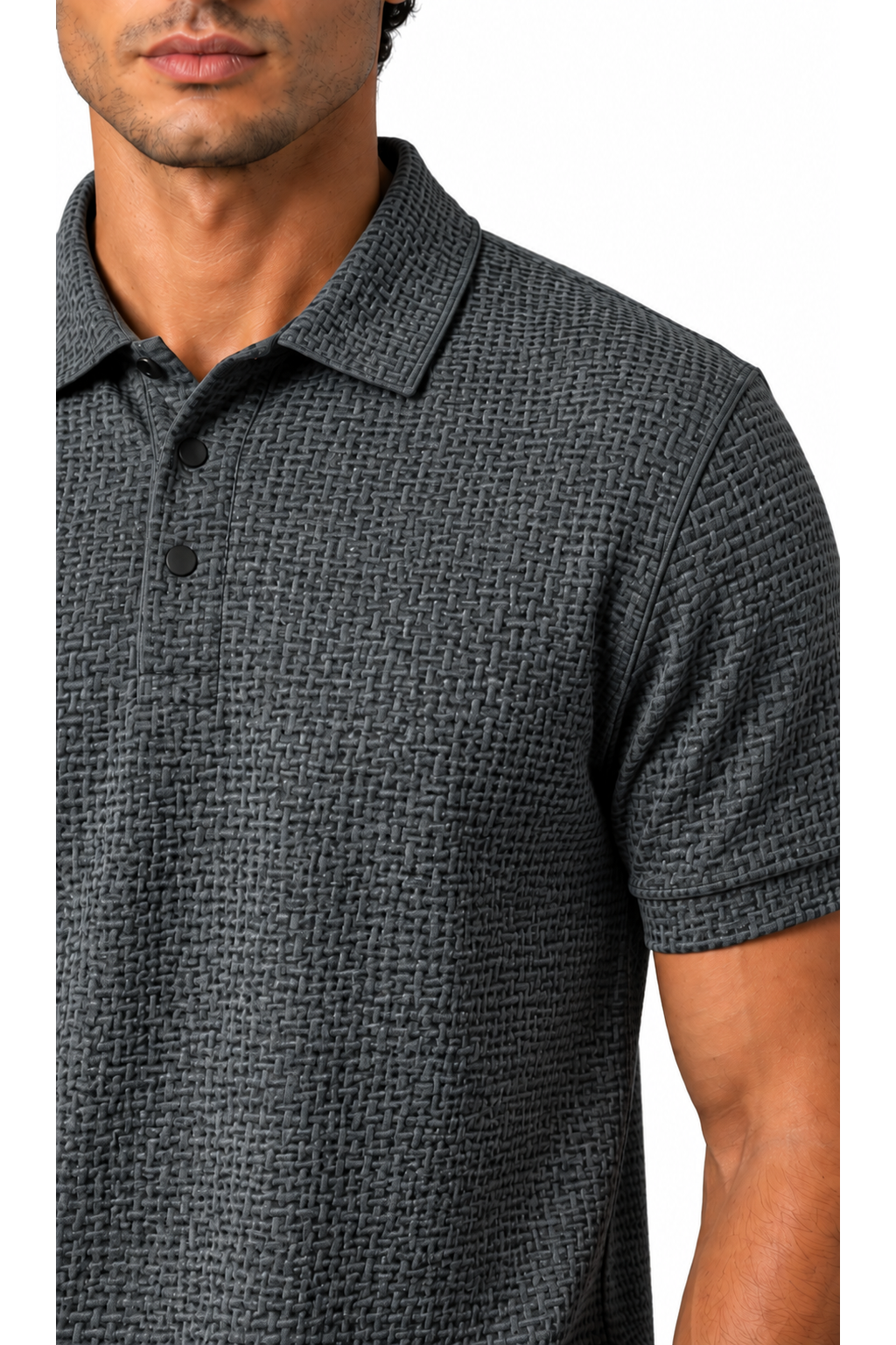 Ventorino ice-silk textured polo in gray — fabric detail