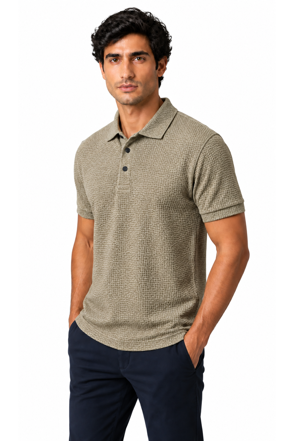 Ventorino ice-silk textured polo in khaki — model view
