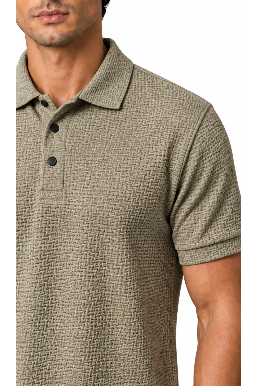 Ventorino ice-silk textured polo in khaki — fabric detail