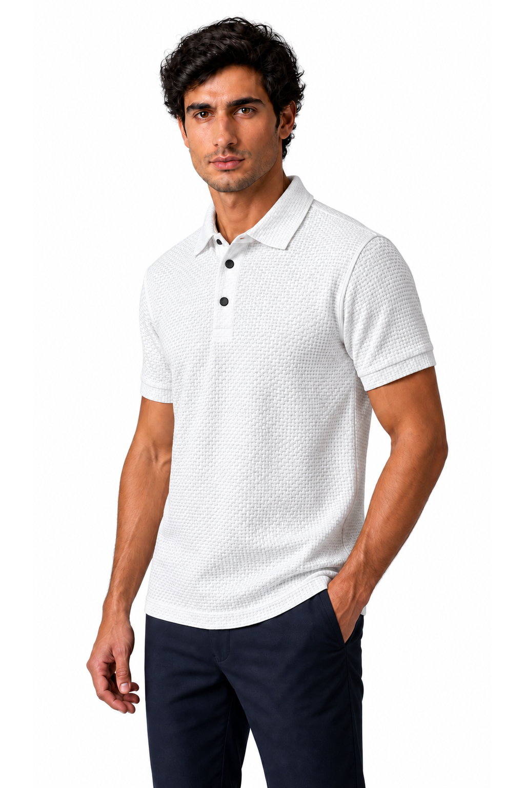 Ventorino ice-silk textured polo in white — model view