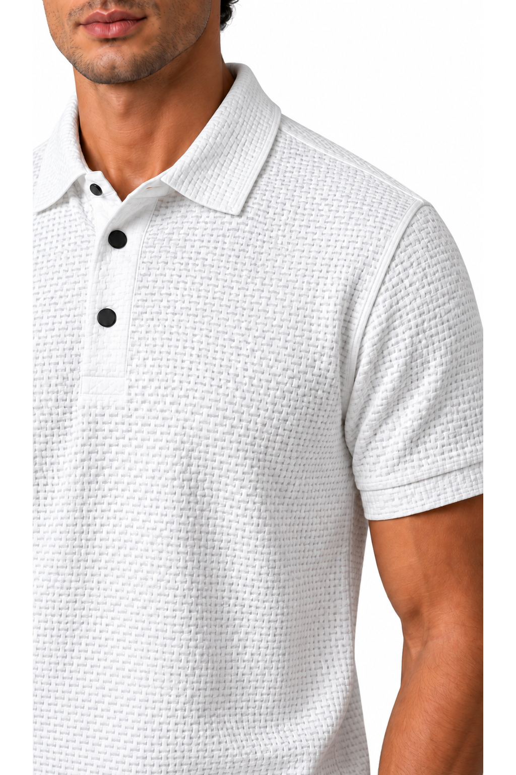 Ventorino ice-silk textured polo in white — fabric detail