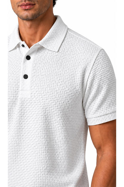 Ventorino ice-silk textured polo in white — fabric detail