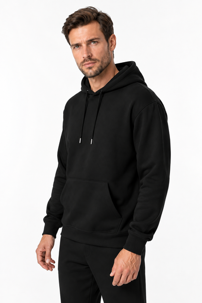 Ventorino solid pullover hoodie in black — model view