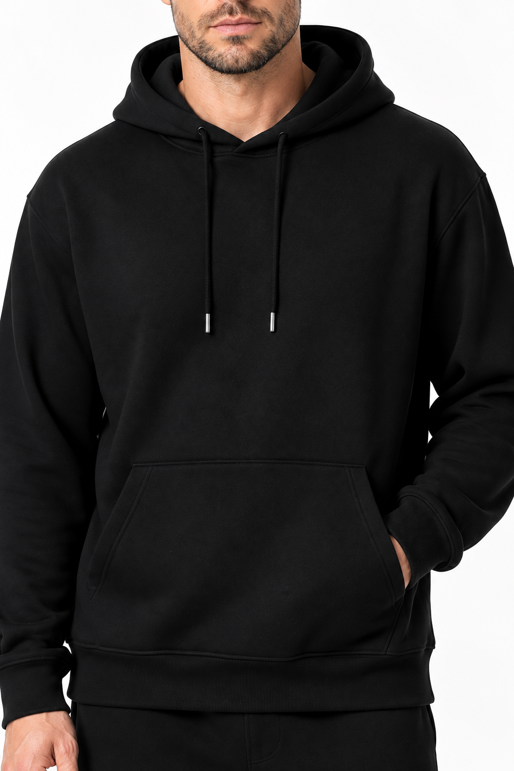 Ventorino solid pullover hoodie in black — hood and fleece detail