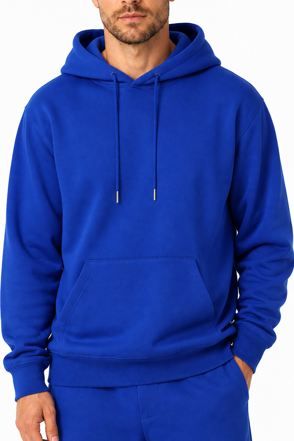 Ventorino solid pullover hoodie in blue — hood and fleece detail