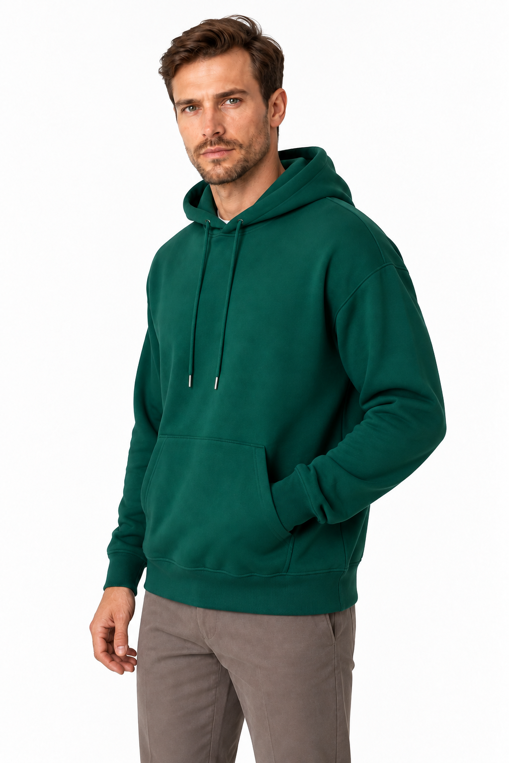 Ventorino solid pullover hoodie in green — model view