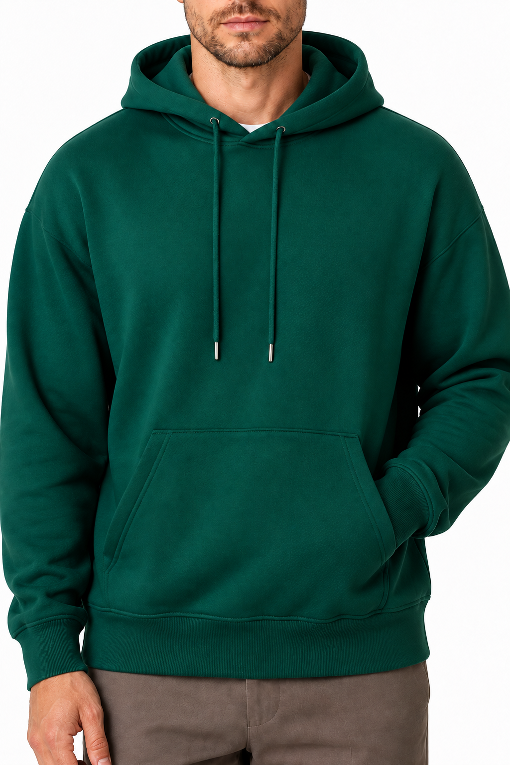 Ventorino solid pullover hoodie in green — hood and fleece detail