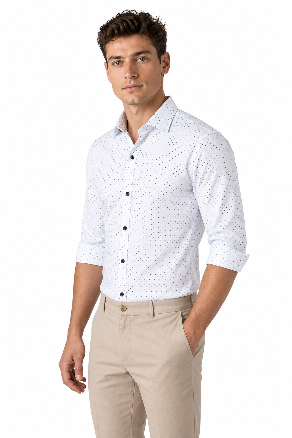 Ventorino Men's Dress Shirt Polka-Dot Pattern Tailored Fit | Ventorino in White — model three-quarter view