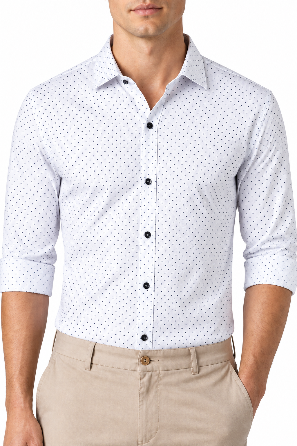 Ventorino Men's Dress Shirt Polka-Dot Pattern Tailored Fit | Ventorino in White — garment and fabric detail