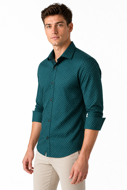 Ventorino Men's Dress Shirt Polka-Dot Pattern Tailored Fit | Ventorino in Green — model three-quarter view