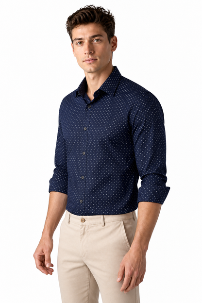 Ventorino Men's Dress Shirt Polka-Dot Pattern Tailored Fit | Ventorino in Navy Blue — model three-quarter view