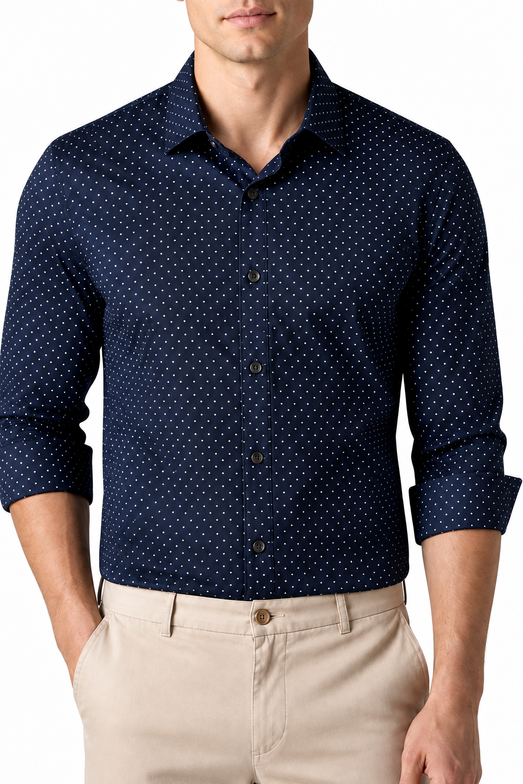Ventorino Men's Dress Shirt Polka-Dot Pattern Tailored Fit | Ventorino in Navy Blue — garment and fabric detail