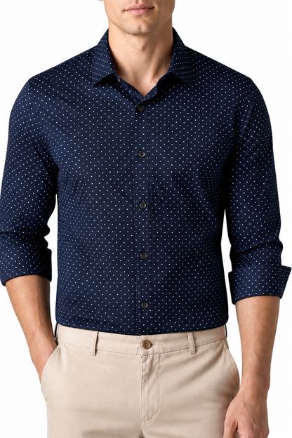 Ventorino Men's Dress Shirt Polka-Dot Pattern Tailored Fit | Ventorino in Navy Blue — garment and fabric detail