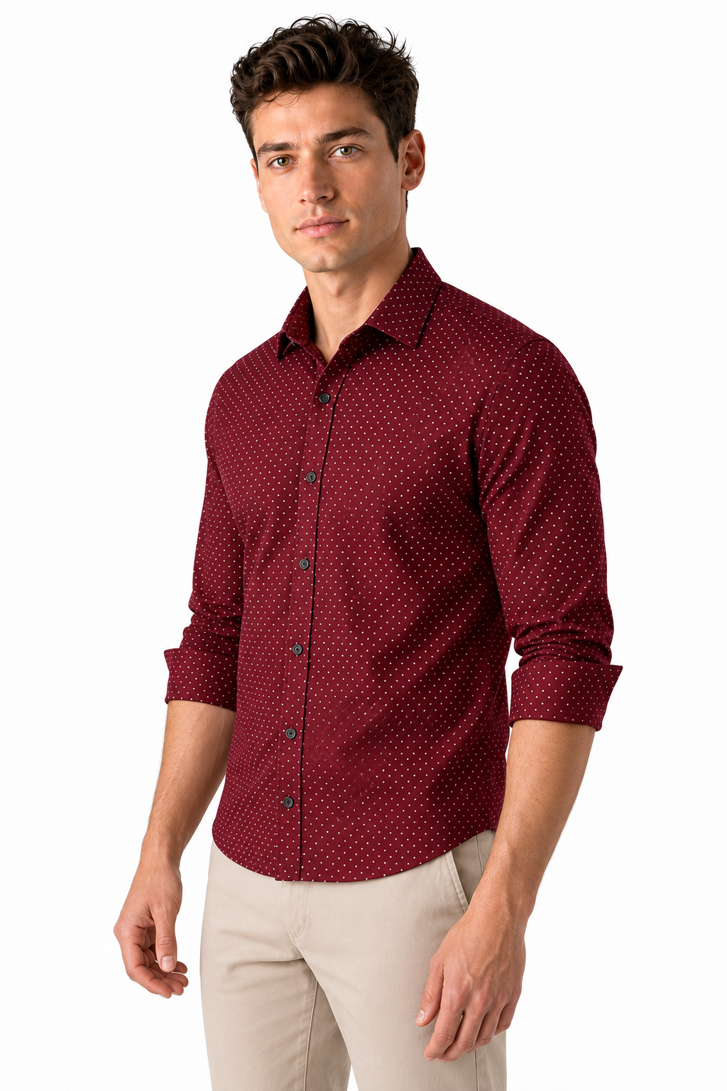 Ventorino Men's Dress Shirt Polka-Dot Pattern Tailored Fit | Ventorino in Wine Red — model three-quarter view