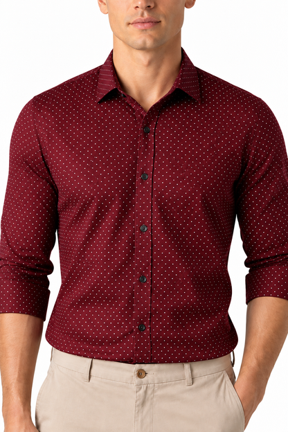 Ventorino Men's Dress Shirt Polka-Dot Pattern Tailored Fit | Ventorino in Wine Red — garment and fabric detail