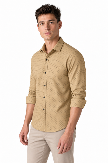 Ventorino Men's Dress Shirt Polka-Dot Pattern Tailored Fit | Ventorino in Khaki — model three-quarter view