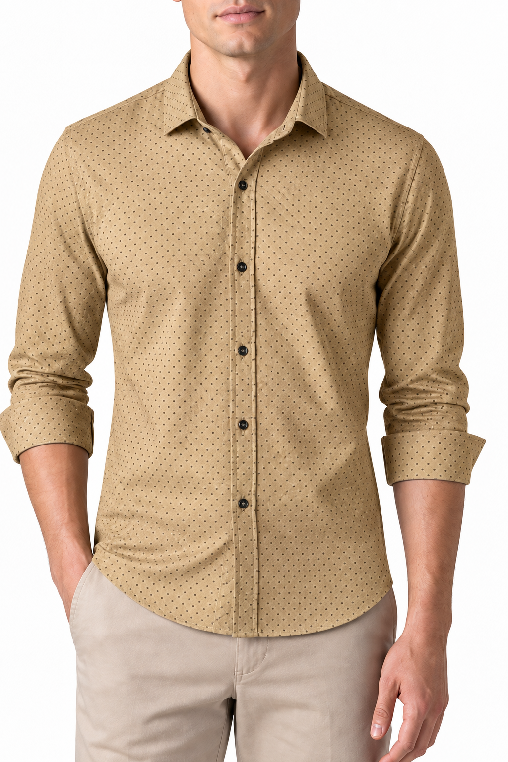 Ventorino Men's Dress Shirt Polka-Dot Pattern Tailored Fit | Ventorino in Khaki — garment and fabric detail