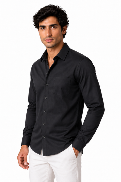 Ventorino Men's Button-Up Shirt Premium Cotton Classic Fit | Ventorino in Black Twill — model three-quarter view