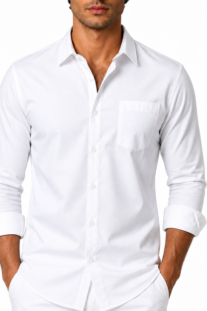 Ventorino Men's Button-Up Shirt Premium Cotton Classic Fit | Ventorino in White Twill — garment and fabric detail
