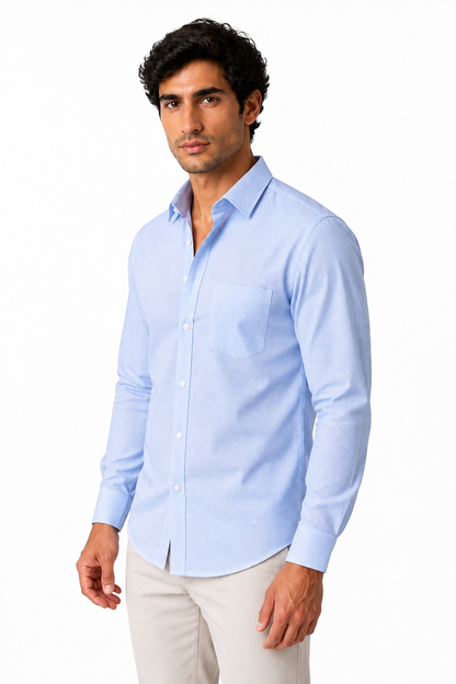 Ventorino Men's Button-Up Shirt Premium Cotton Classic Fit | Ventorino in Light Blue Check — model three-quarter view