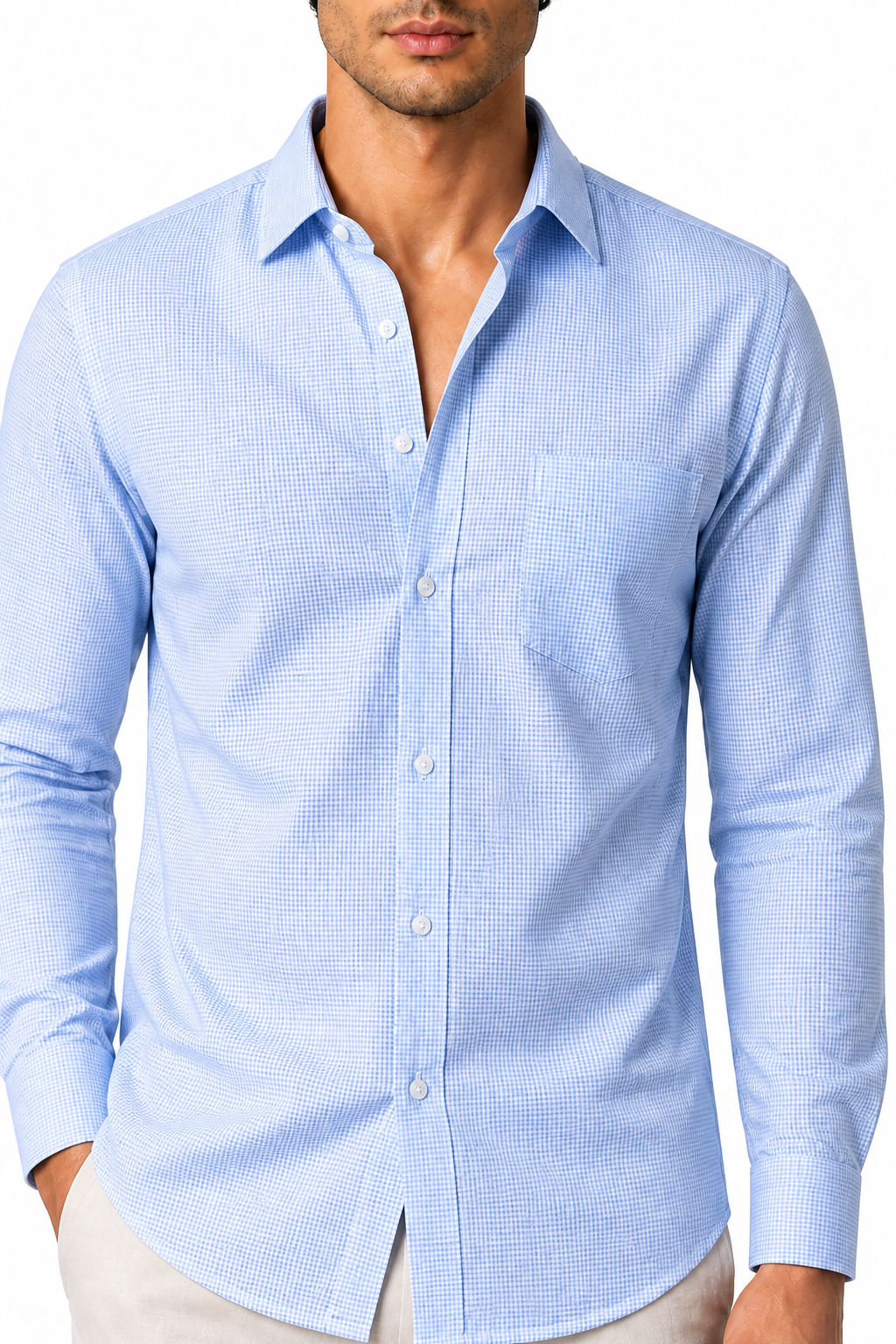 Ventorino Men's Button-Up Shirt Premium Cotton Classic Fit | Ventorino in Light Blue Check — garment and fabric detail