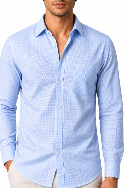 Ventorino Men's Button-Up Shirt Premium Cotton Classic Fit | Ventorino in Light Blue Check — garment and fabric detail