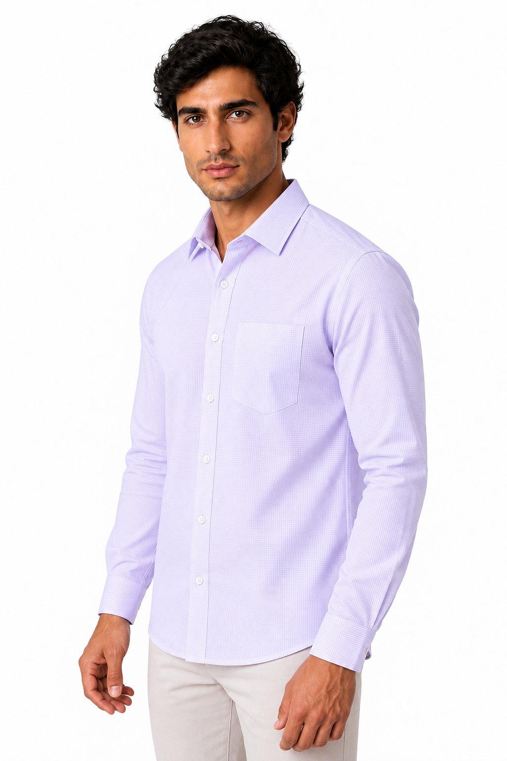 Ventorino Men's Button-Up Shirt Premium Cotton Classic Fit | Ventorino in Light Purple Check — model three-quarter view