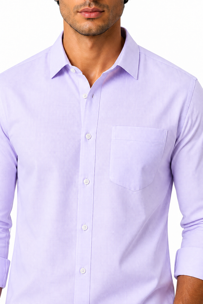 Ventorino Men's Button-Up Shirt Premium Cotton Classic Fit | Ventorino in Light Purple Check — garment and fabric detail