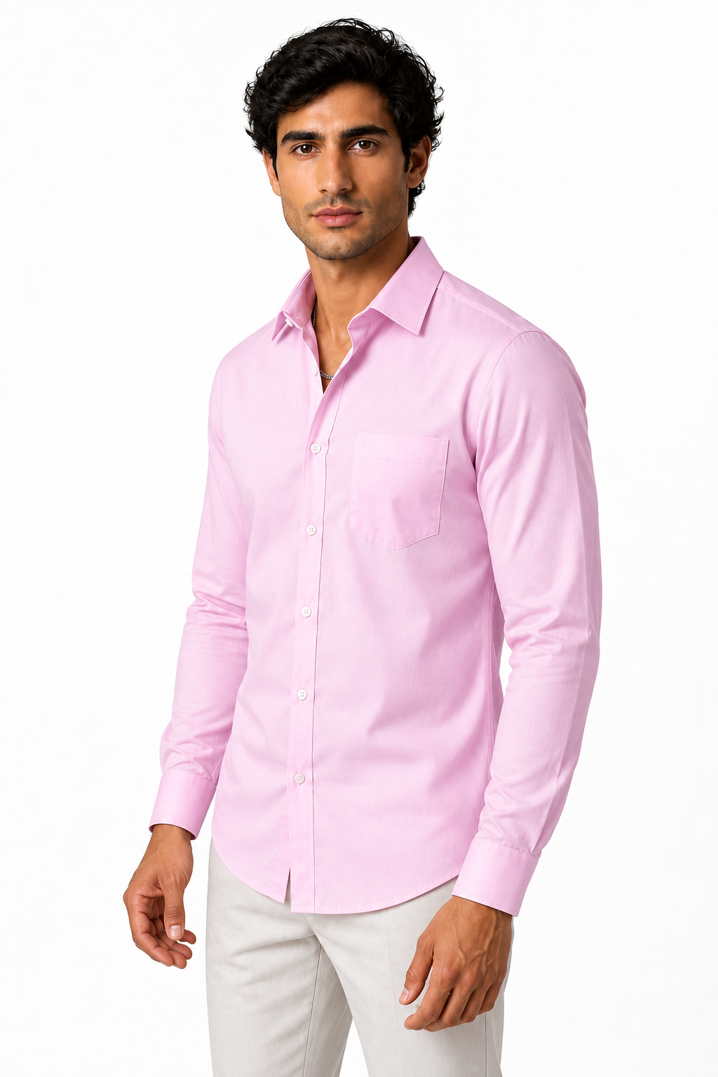 Ventorino Men's Button-Up Shirt Premium Cotton Classic Fit | Ventorino in Pink Twill — model three-quarter view